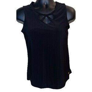 ANNE KLEIN Pleated V Neck Sleeveless Black Stretch Waist Length Blouse Womens S